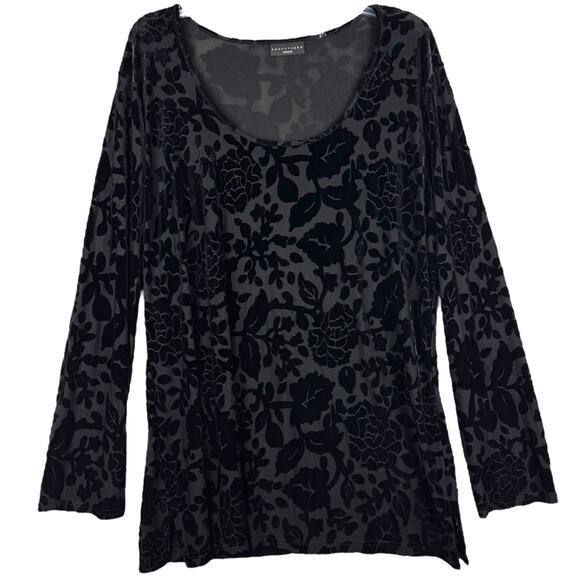 Velvet Burnout Black Long Line Tunic Whimsigoth Witchy Dark Floral Scoop Neck - Picture 1 of 12